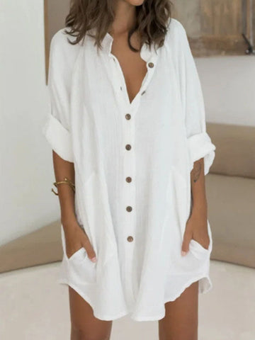 Woochic mi-longue blouse robe en lin boutonnage avec poches femme casual ample Blanche S
